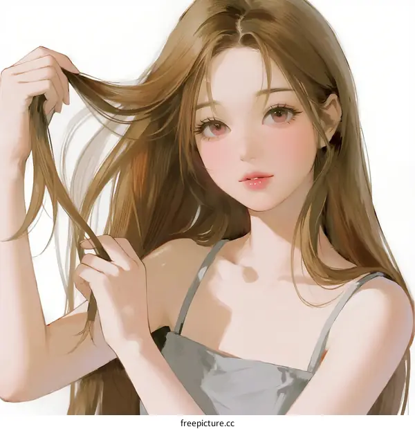 A Young Woman with Long Brown Hair Touching and Styling Her Hair