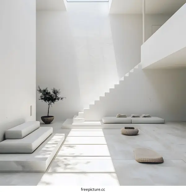 Minimalist White Interior Design with Staircase and Skylight