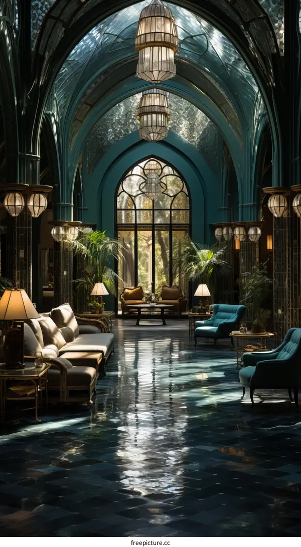 Grand Hallway with Marble Floors and Stained Glass Windows