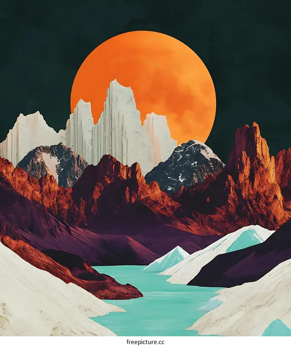 Mountain Landscape With Large Orange Moon