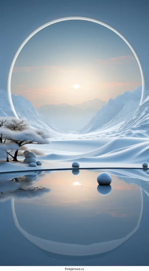 Tranquil Snowy Landscape with Stones and Tree by the Water