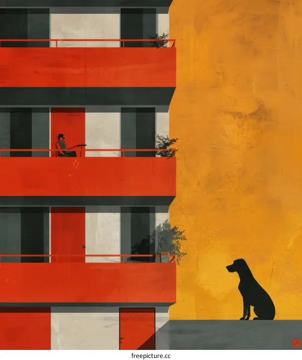 Man Playing Guitar on Balcony with Dog Below