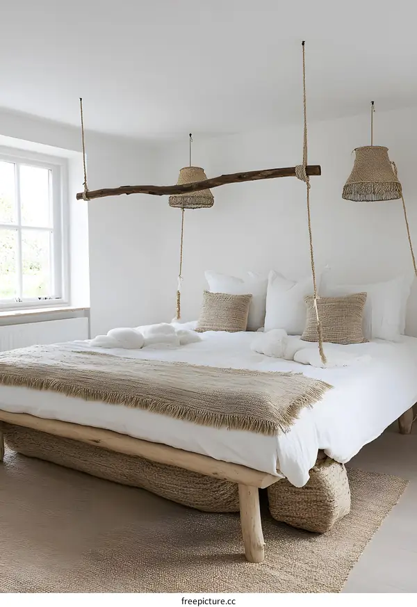 Minimalist Bedroom Interior Design With Wooden Branch Light Fixture