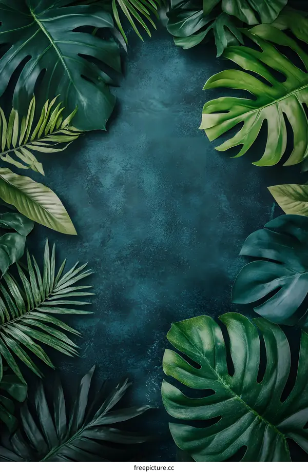 Tropical Green Leaves Frame On Teal Background