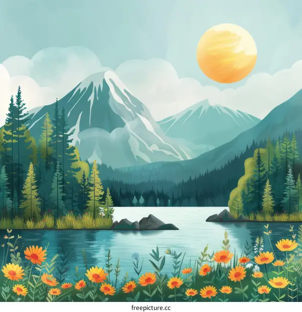 Tranquil mountain lake and blooming flowers in the summer
