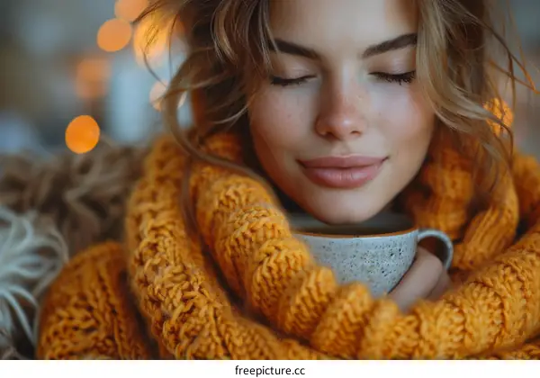 Young beautiful woman drinking hot tea or coffee from cup and feeling cozy at home