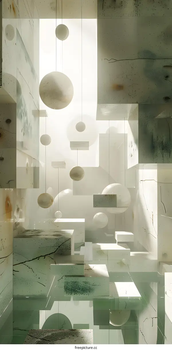 3D rendering of an abstract concrete room with glass elements and hanging spheres