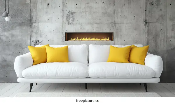 Modern Concrete Wall Living Room with White Sofa and Yellow Pillows