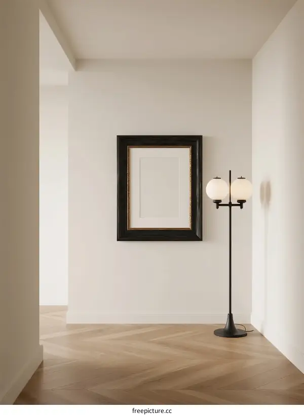 Minimalist White Corridor with Black Frame and Floor Lamp