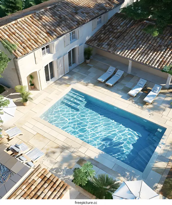 Aerial View of a House with a Swimming Pool