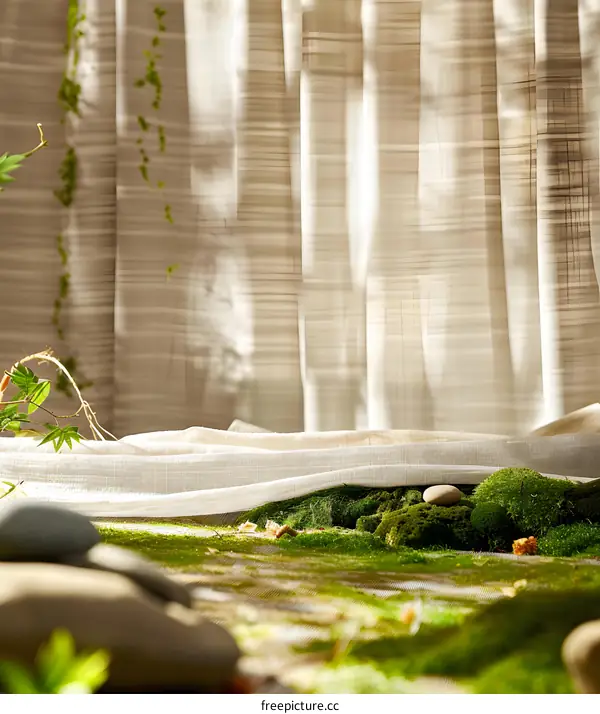 Green Moss and Stones Background with Sheer Curtains