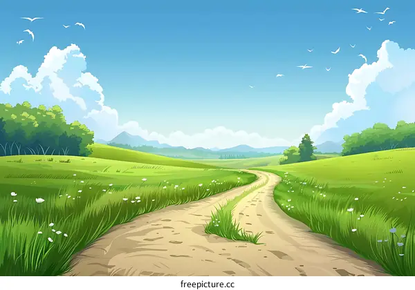 Green Meadow Landscape With Winding Path And Blue Sky