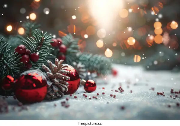 Snowy Christmas Background with Fir Branches, Ornaments and Red Baubles