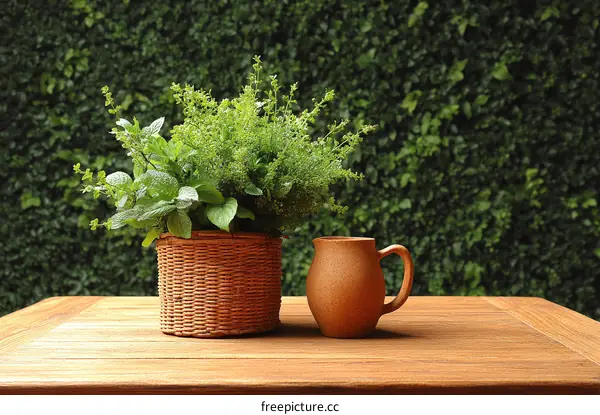 Fresh Herbs in a Woven Basket on a Wooden Table