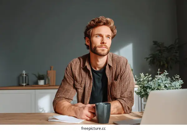 Thoughtful Man Sitting at Wooden Table with Laptop