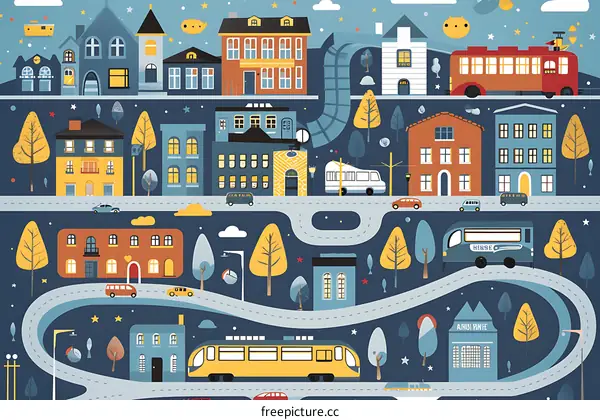 Night Cityscape Illustration with Buildings and Cars