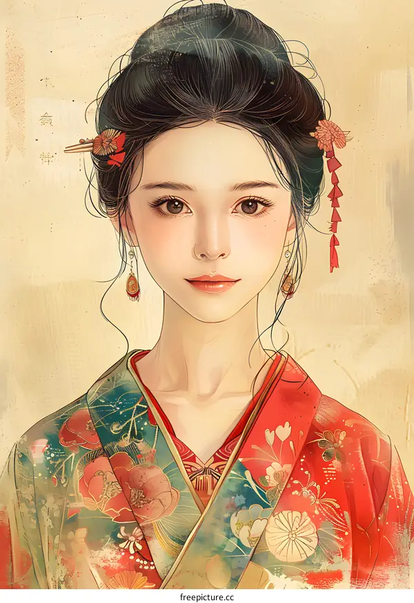 An illustration of a beautiful Asian woman in a red kimono with traditional Chinese hair accessories.