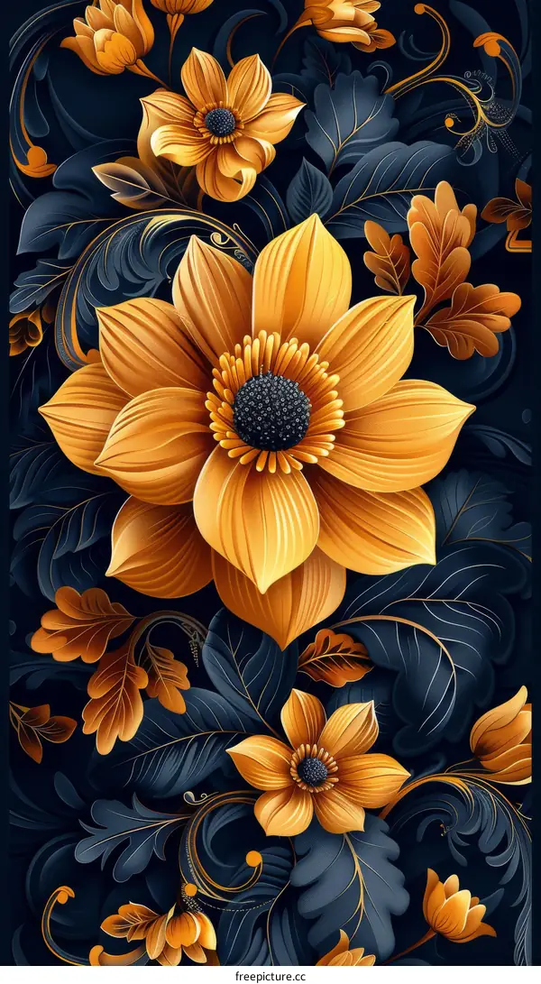 Golden Floral Pattern with Yellow Flowers