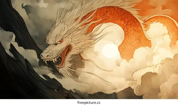 Majestic White Dragon Soaring Through Clouds and Mountains