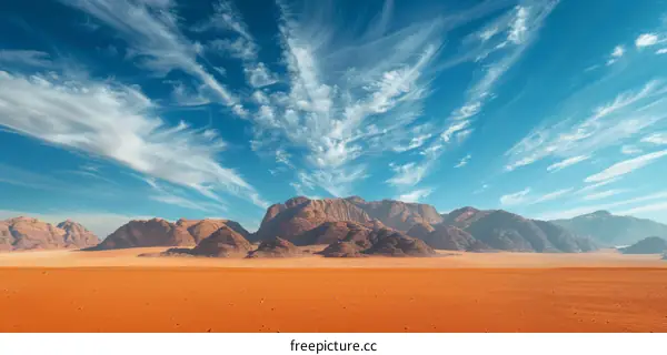 Beautiful desert landscape with blue sky and mountains in the background