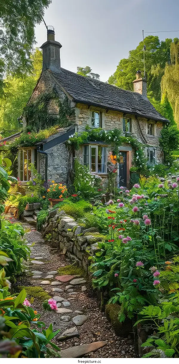 Stone Cottage Surrounded by Colorful Flowers