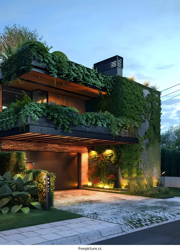 Modern House with Green Wall and Stone Driveway