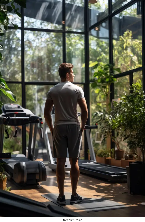 muscular man in sportswear standing in front of gym windows