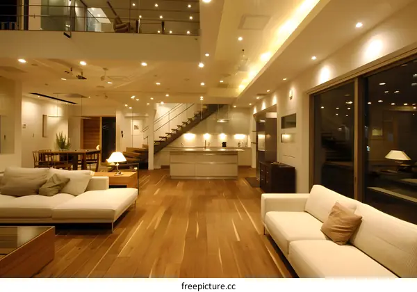 Modern Interior Design with Hardwood Floors and White Couches