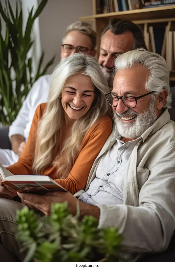 Group of old friends reading a book and laughing