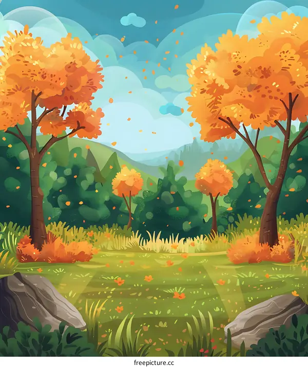 Autumn Forest Illustration With Green Grass And Yellow Leaves Falling