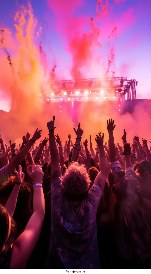 Crowd of People at a Concert with Colorful Smoke in the Air