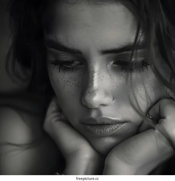 Portrait of a young woman with freckles on her face