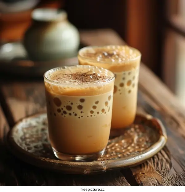 Iced coffee with milk and foam in tall glasses on a wooden table