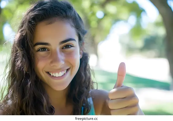 Smiling Woman Giving Thumbs Up in Park