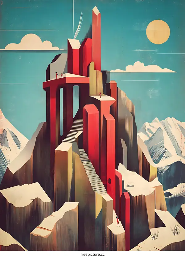 Abstract Art Illustration of Red Buildings on a Mountain