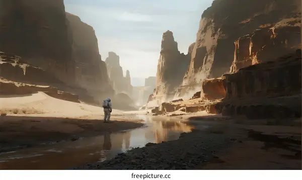 Astronaut Exploring Arid Canyon with Water Stream