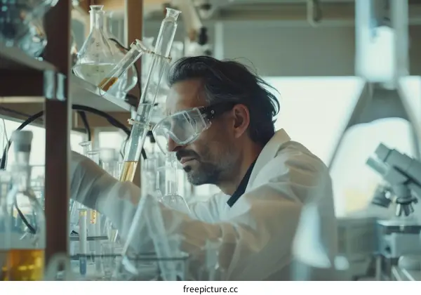 Scientist wearing protective goggles working in a laboratory