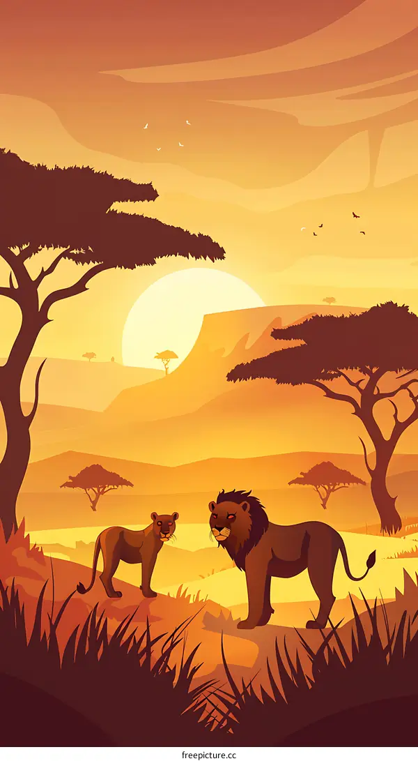 African Sunset Landscape with Lions