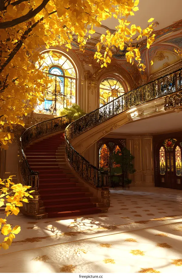 Grand Staircase With Stained Glass Windows