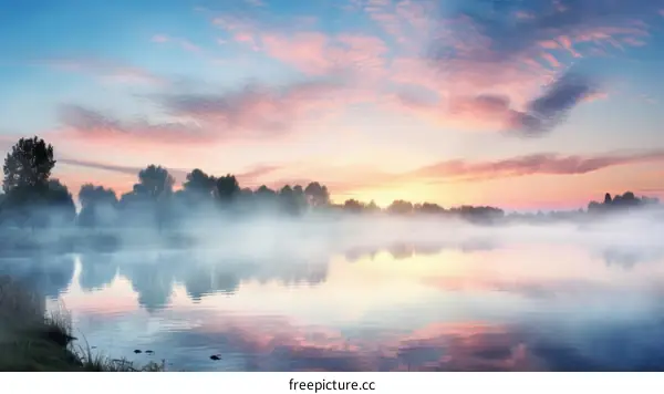 Misty lake at sunrise in the countryside