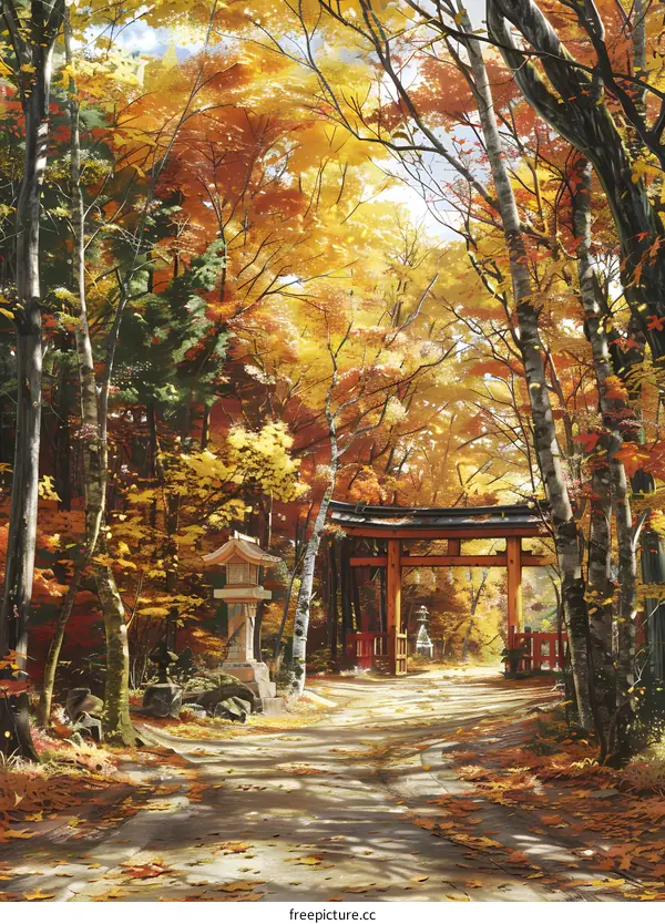 Japanese Shrine in Autumn Forest