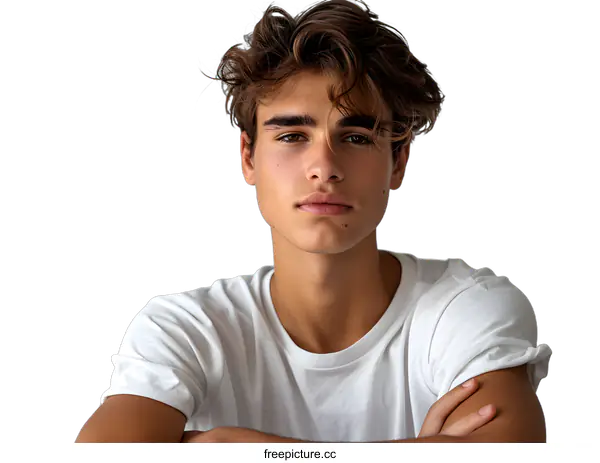 [Transparent Background PNG]Portrait of a young man with brown hair and brown eyes wearing a white shirt