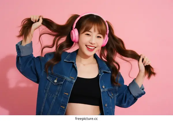 Happy Young Woman with Pink Headphones Posing Playfully