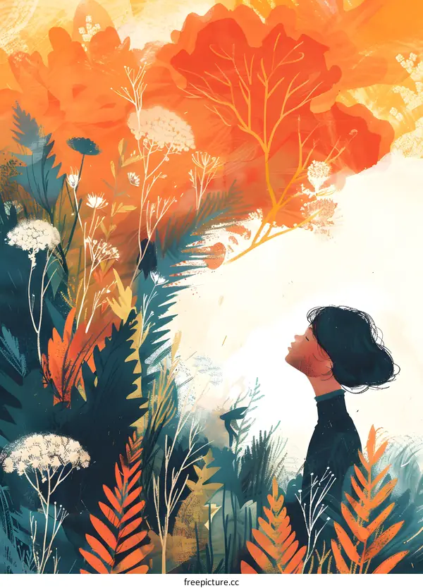 Woman Gazing Up at the Sky in a Forest with Orange and Green Hues