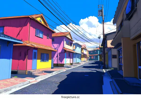 Colorful Houses in a Japanese Street Illustration