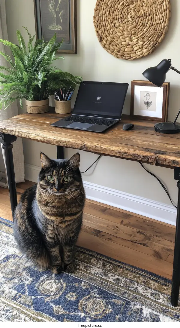 Rustic Home Office Workspace with a Cat