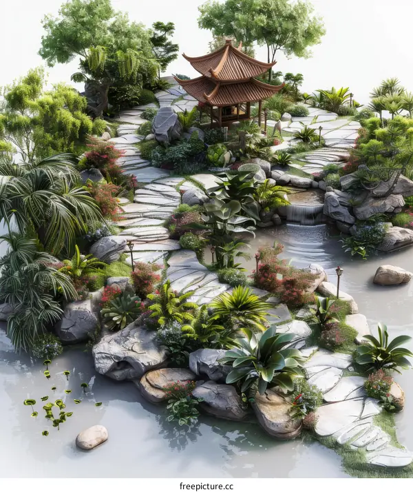 Courtyard with traditional chinese gazebo and stone footpath