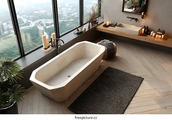 Modern Minimalist Luxurious Bathroom Tub with Panoramic City View