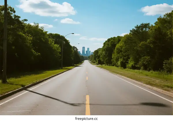 A long road with trees on both sides leading to city skyline