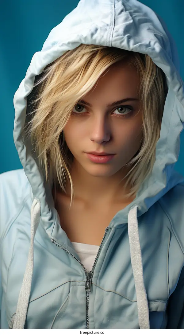 Young Woman in Blue Hoodie Contemplating